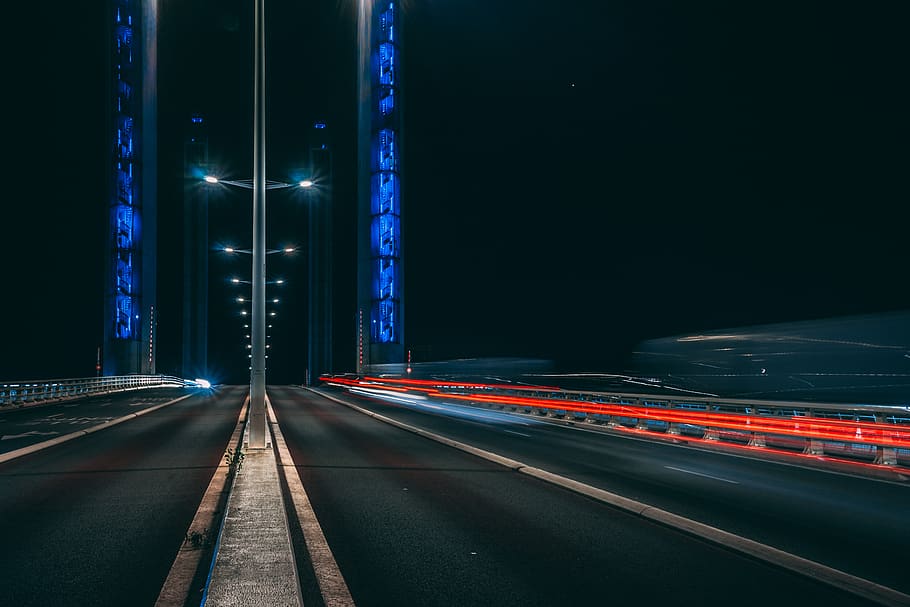 empty road at night, illuminated, transportation, light trail HD wallpaper