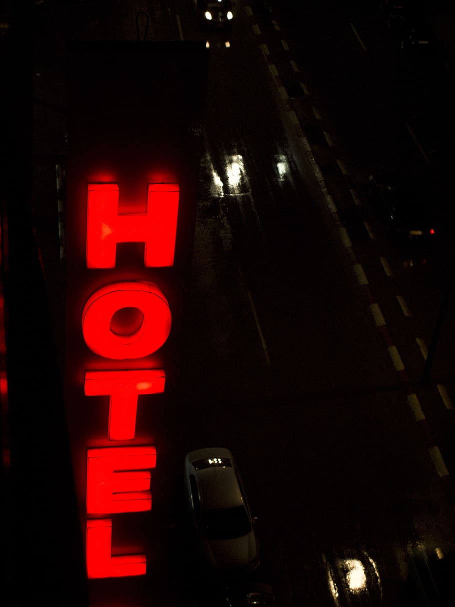 hotel, sign, street, illuminated, communication, night, text HD wallpaper