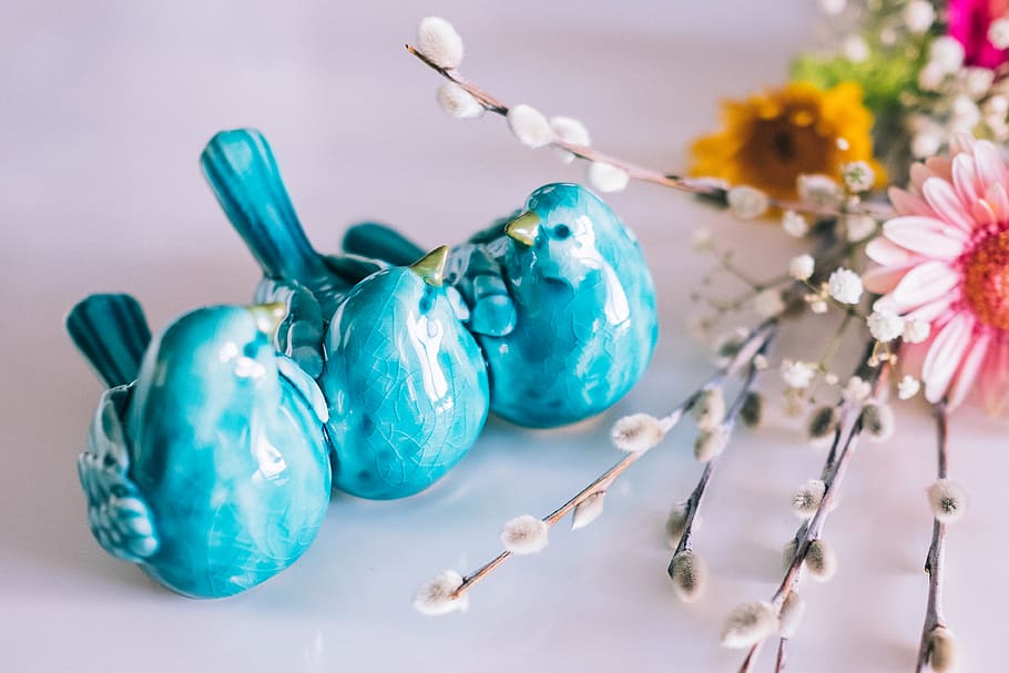 Three Blue Ceramic Bird Decors Beside Pink Flower, bloom, blooming HD wallpaper