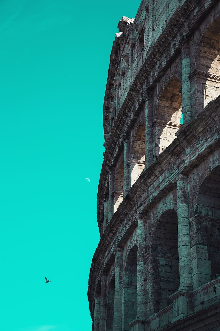brick, building, architecture, ruins, moon, arched, rome, colosseum HD wallpaper