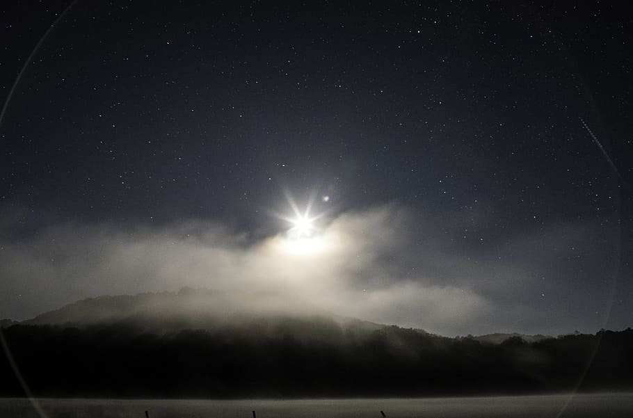moon, full moon, stars, starlight, clouds, fog, lake, landscape HD wallpaper