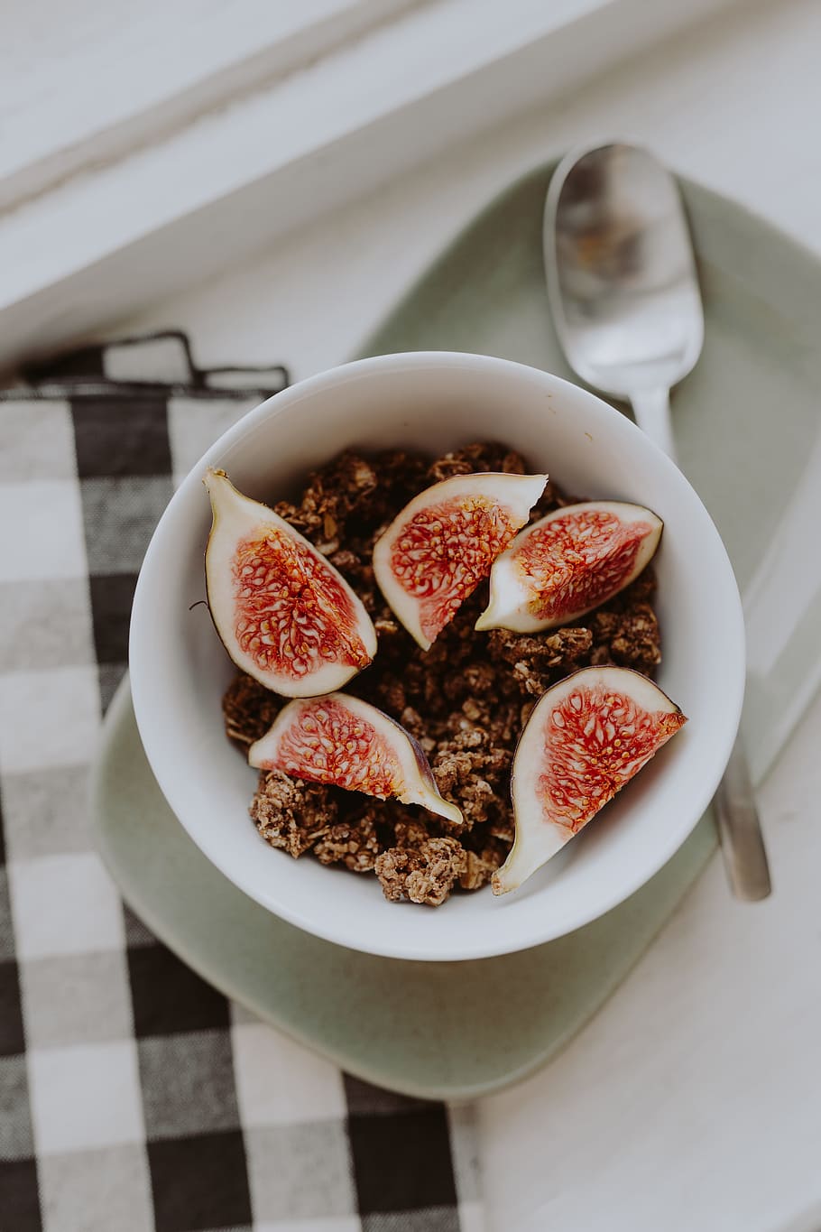 Bowl of crunchy granola and figs, breakfast, fruits, meal, morning