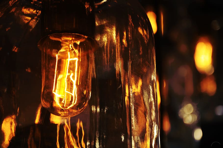 closed up photo of orange lightened lamp, filament, lightbulb HD wallpaper