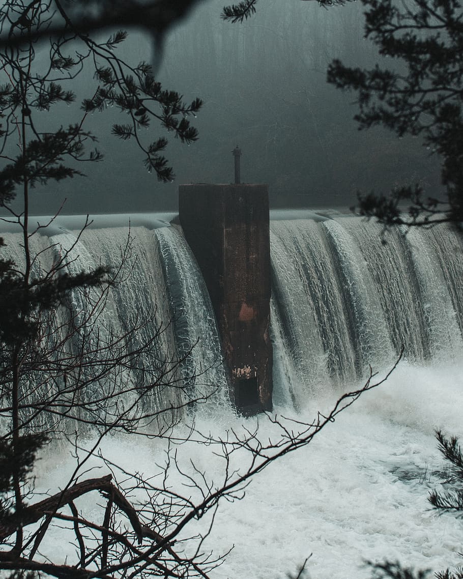 water dam view from trees, plant, winter, nature, cold temperature HD wallpaper
