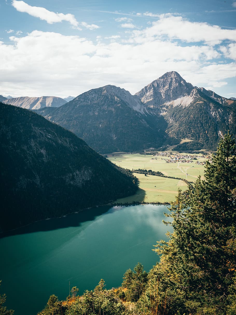 Lake Near Trees and Mountains, 4k wallpaper, alps, clouds, conifer HD wallpaper