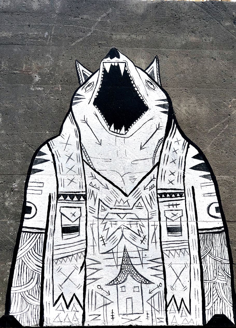 white and black wolf graffiti, creativity, representation, art and craft HD wallpaper