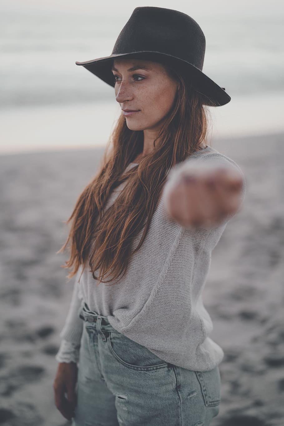 woman wearing black hat, female, hand, reach, brunette, stretch, HD wallpaper
