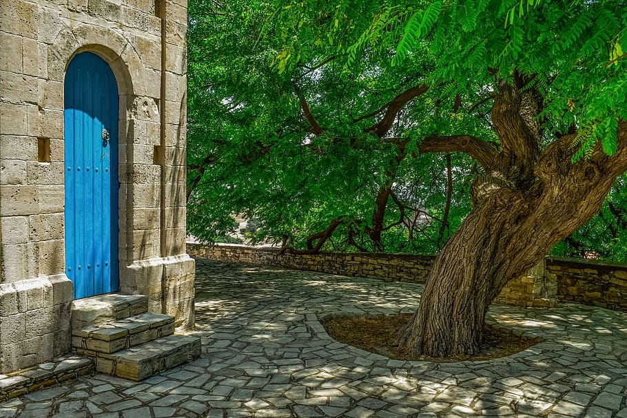 slate, square, tree, door, stone, village, cyprus, kato lefkara, HD wallpaper