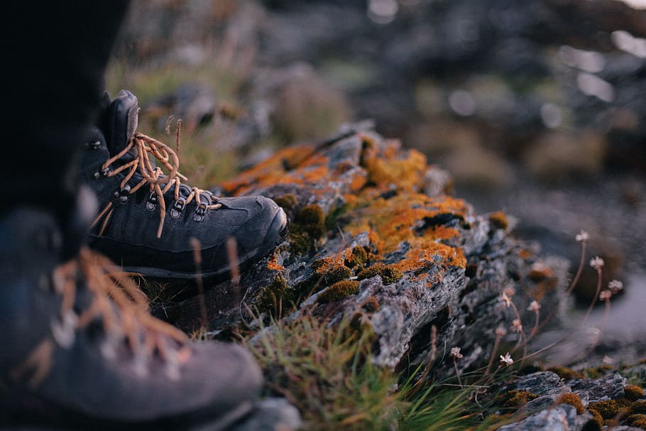 walking, boots, hiking, standing, moss, rock, selective focus HD wallpaper