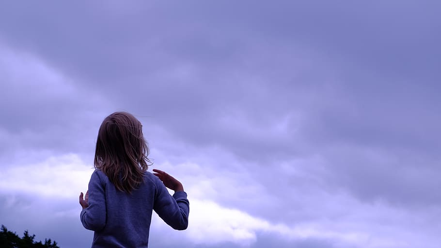 Woman in Blue Sweater Facing in Blue Clear Sky, blue sky, child HD wallpaper