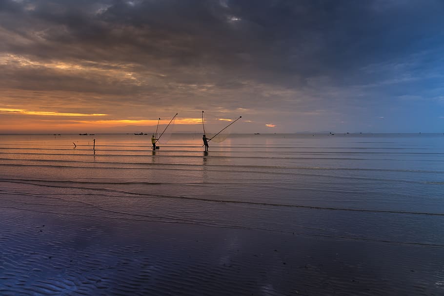 People Standing on Ocean Holding Fish Nets, backlit, beach, calm HD wallpaper