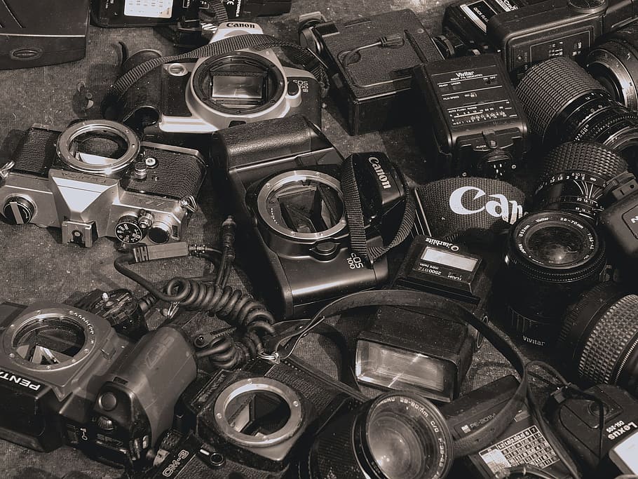 collection, camera, lens, object, photography, large group of objects HD wallpaper