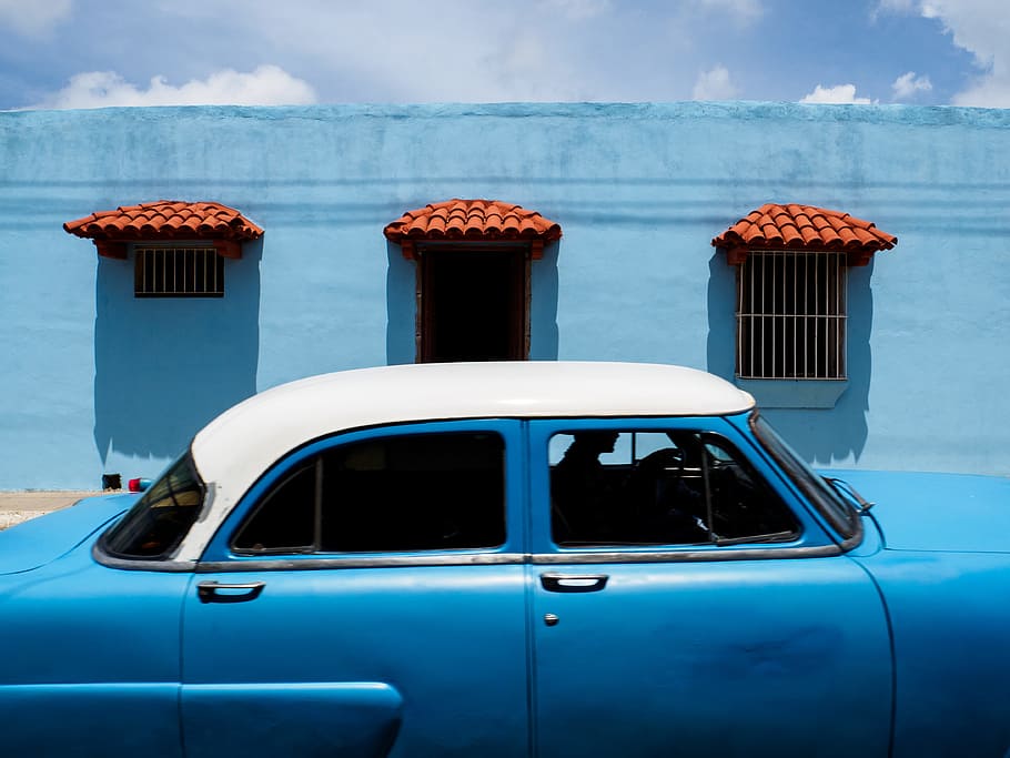 blue and white sedan during daytime, shades of blue, car, old car, HD wallpaper