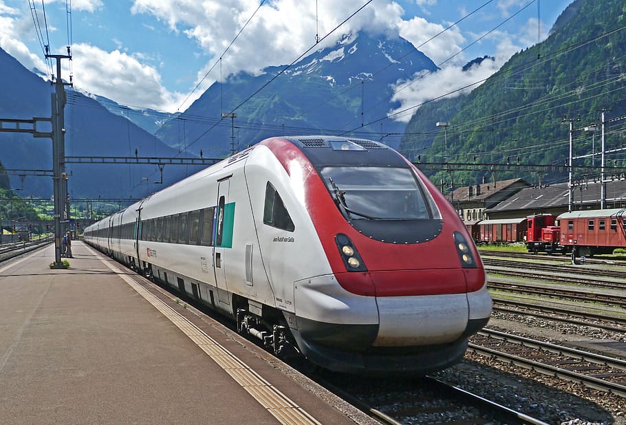 White and Red Train, clouds, engine, iron, locomotive, mountain range HD wallpaper