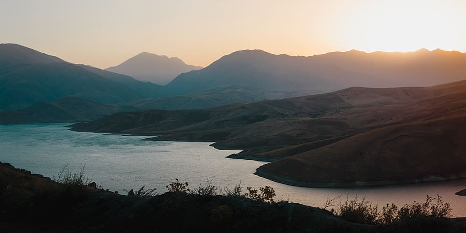 sunset with mountain, landscape, iran, nature, sunrise, west azerbaijan province HD wallpaper