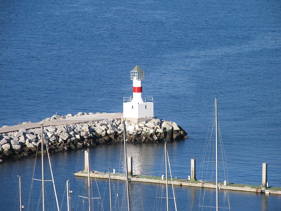 sea, coast, ocean, dock, lighthouse, reflection, vehicle, tower, HD wallpaper