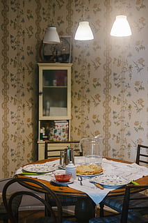 Breakfast served in vintage interior, background, blini, branch HD wallpaper