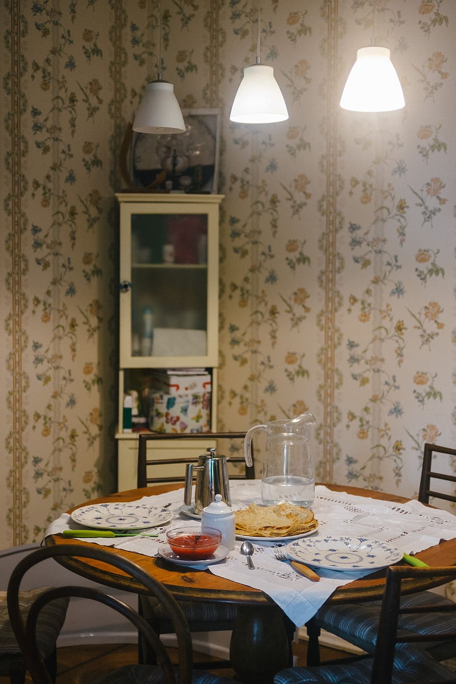 Breakfast served in vintage interior, background, blini, branch HD wallpaper