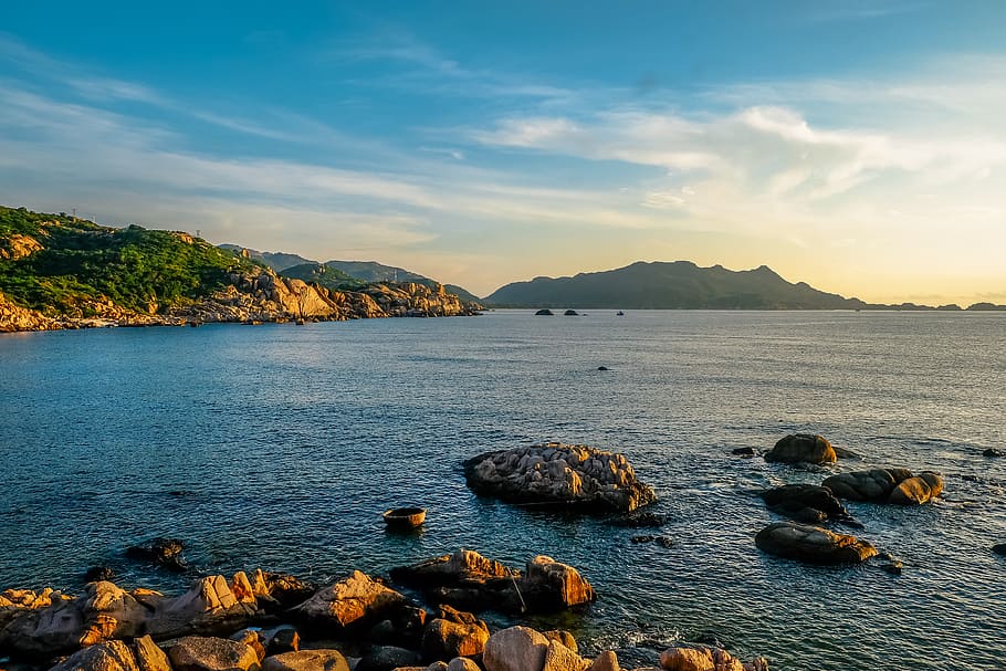 Body Of Water, dawn, nature, ocean, rocks, scenic, sea, seascape HD wallpaper