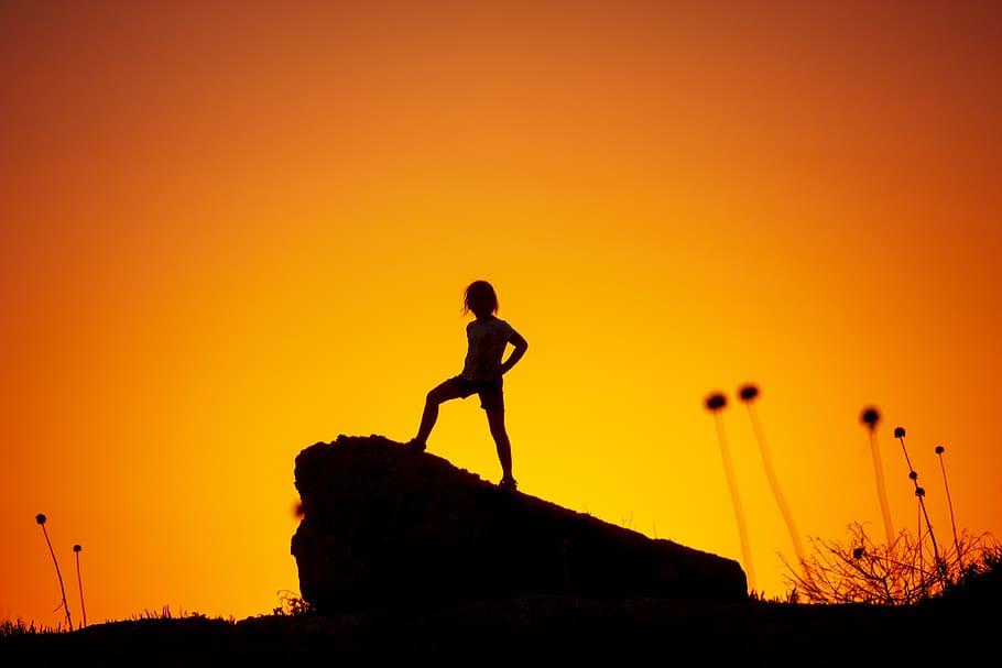Silhouette Photography of Kid Standing on Rock, backlit, child, HD wallpaper