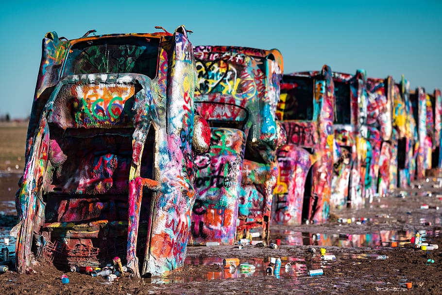 assorted-color vehicle parked in mud, art, graffiti, painting, HD wallpaper