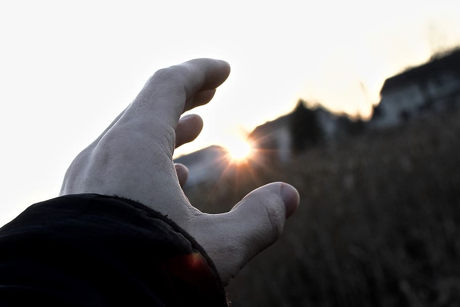 hand, reach, sunset, desaturation, closeup, human hand, sky HD wallpaper