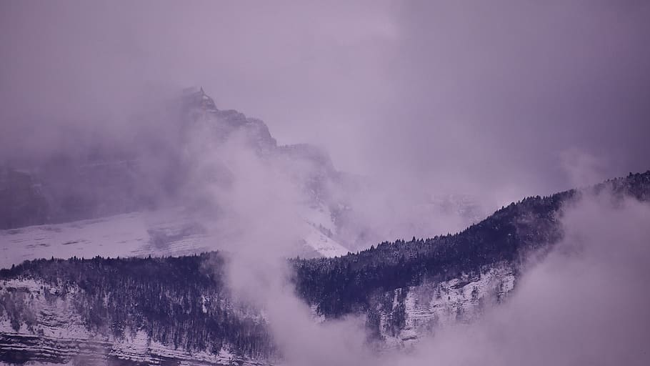 mountain, sky, cloud, snow, forest, tree, nature, background HD wallpaper