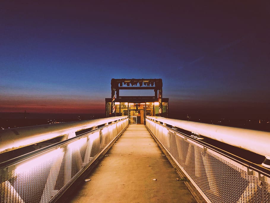 lighted bridge at night, illuminated, architecture, sky, the way forward HD wallpaper