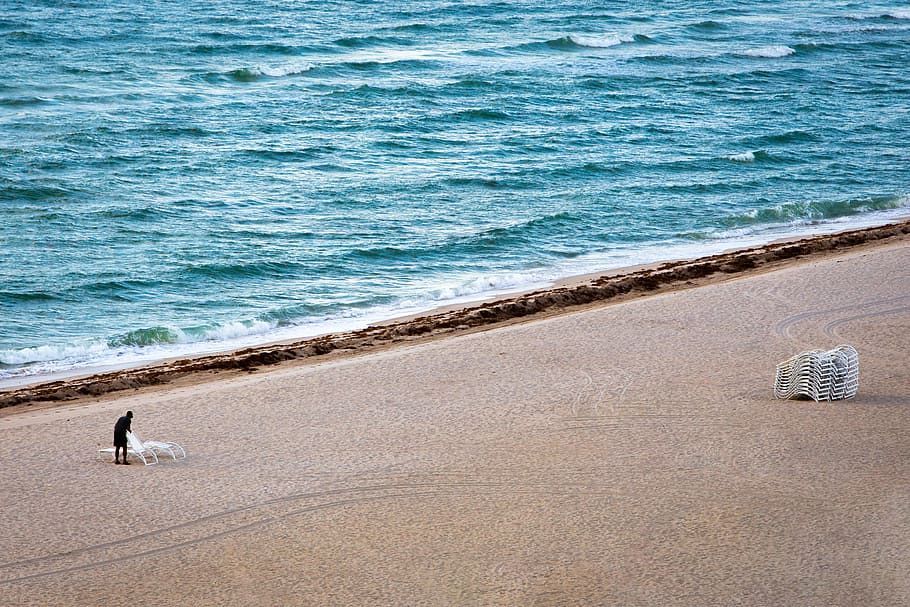 man on white sand, beach, shore, sea, wave, water, chair, fall HD wallpaper