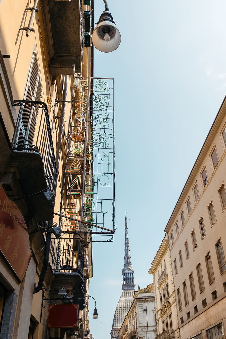 street view down to Mole Antonelliana, architecture, belief, blue