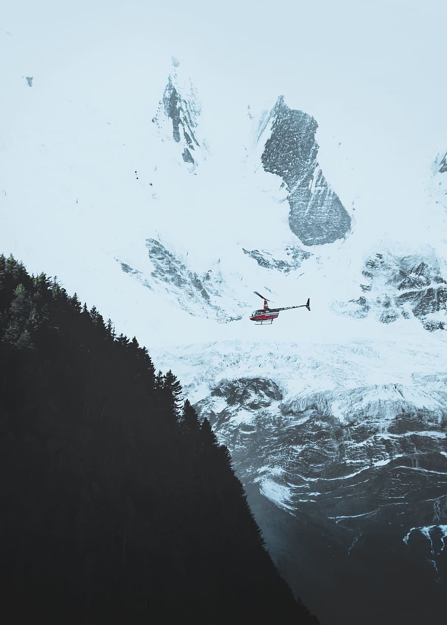 red helicopter on snow path, tree, chopper, winter, cold, flight HD wallpaper