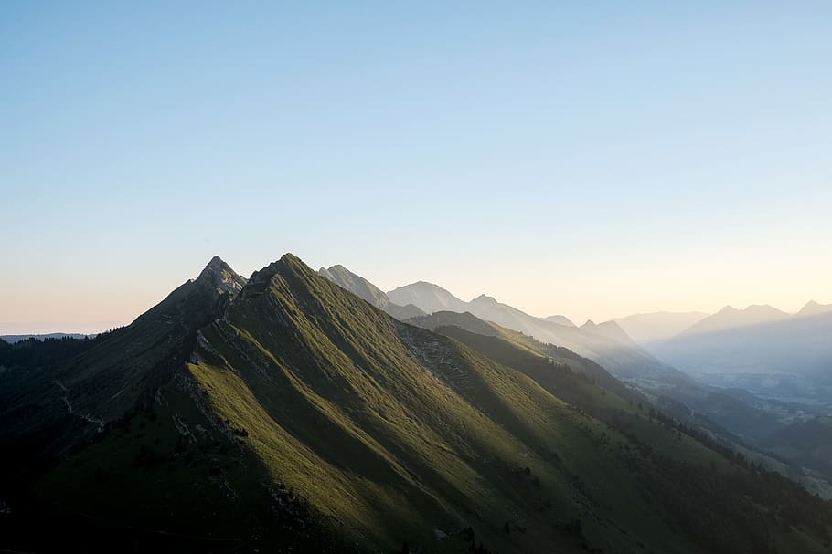 nature, mountains, summit, peaks, lush, vegetation, sky, clouds HD wallpaper