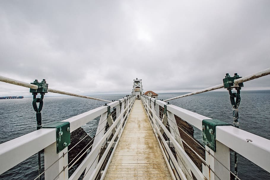 White and Black Empty Dock, bridge, cloudy, ocean, sea, seaside HD wallpaper