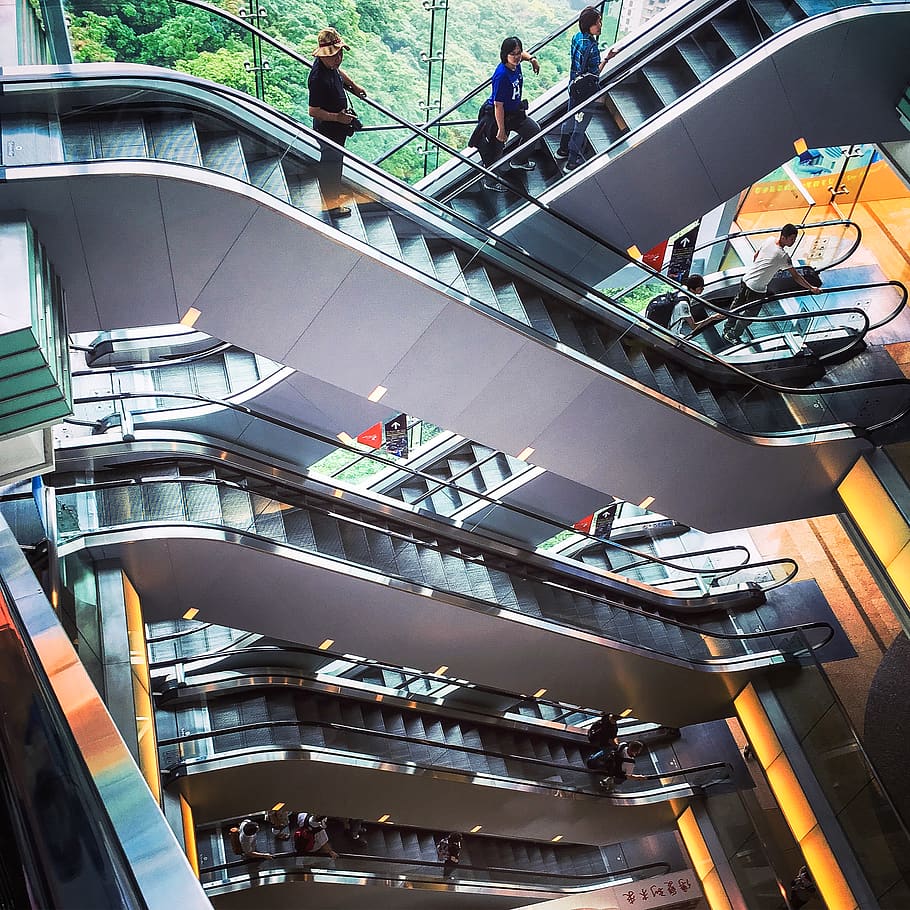 stairs, escalator, architecture, railing, high angle view, transportation HD wallpaper