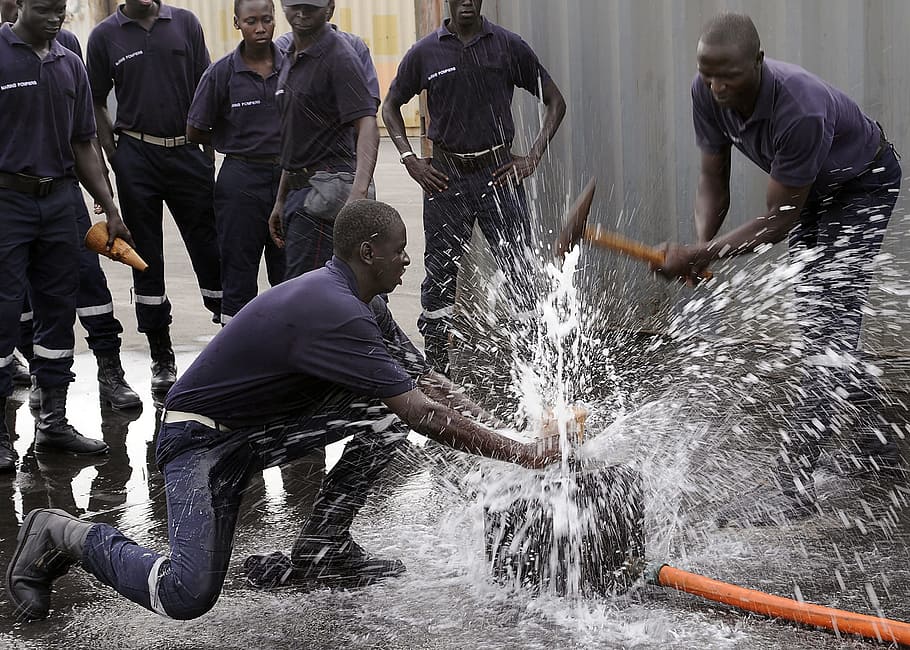 firefighter, exercise, training, water, motion, splashing, men HD wallpaper