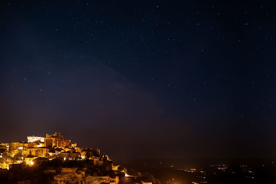 lighted building at night time, star, sunset, evening, star sky HD wallpaper