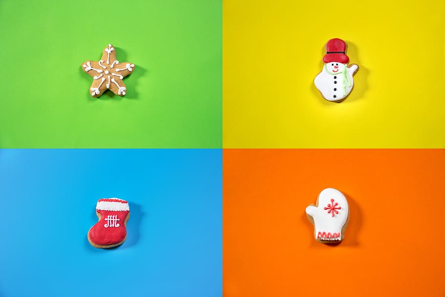 gingerbread, color, set, green, yellow, blue, orange, christmas decorations HD wallpaper