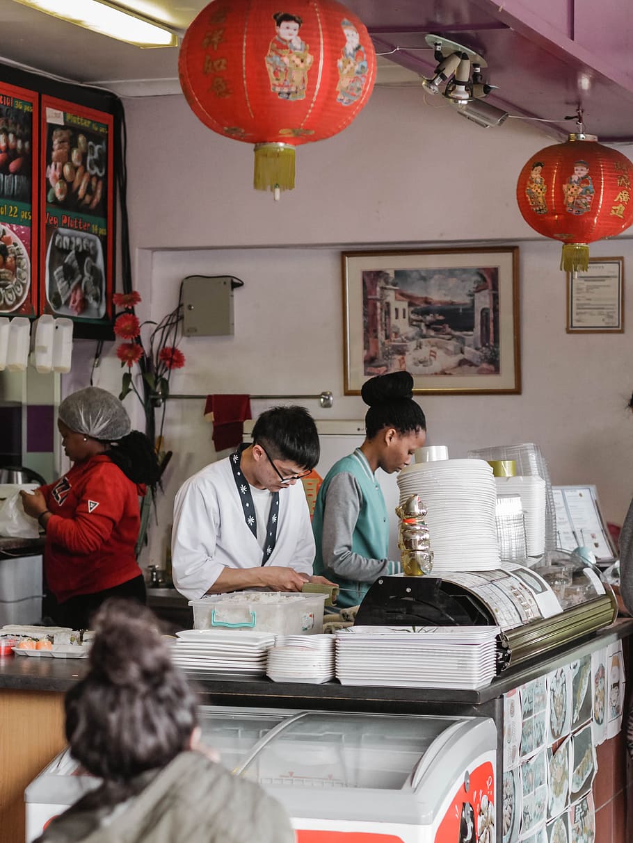 people behind counter table, lantern, restaurant, cooking, cafe HD wallpaper