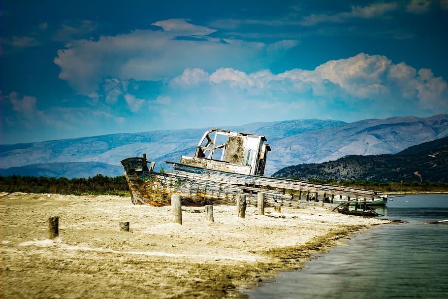 wrecked gray ship on shore, sky, cloud - sky, abandoned, obsolete HD wallpaper