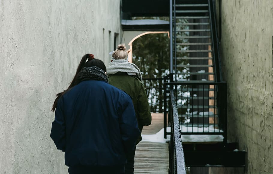 two persons walking towards stairs, clothing, apparel, human HD wallpaper