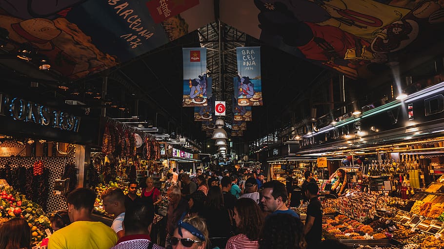 People on Market, barcelona, commerce, crowd, crowded, food stall HD wallpaper