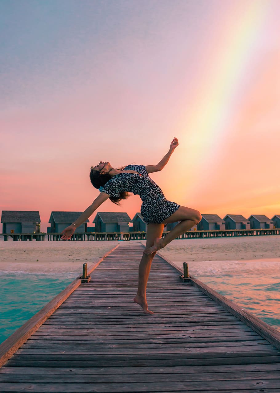 woman standing on dock, magic, magical, tropical, sky, colorful, HD wallpaper