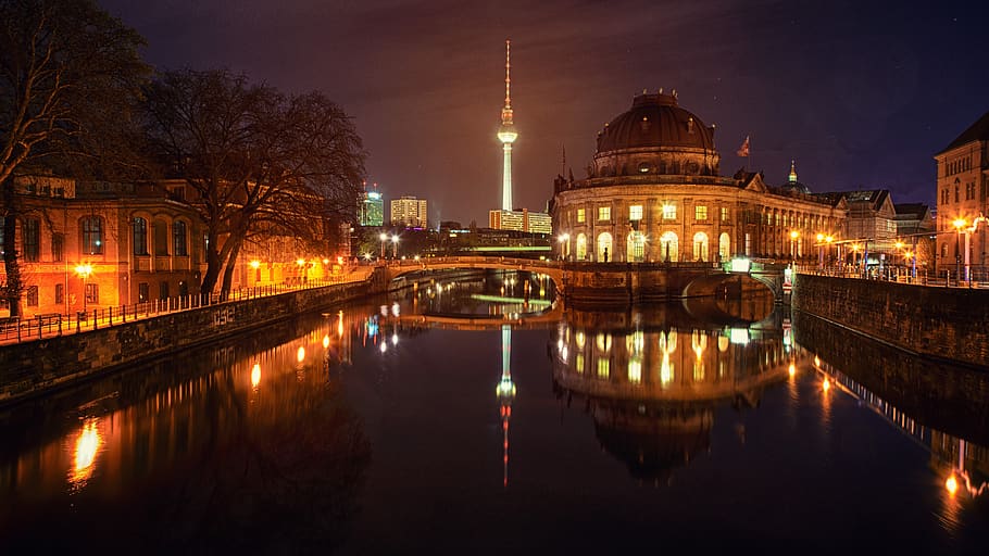 illuminated, evening, reflection, waters, berlin, river, night HD wallpaper