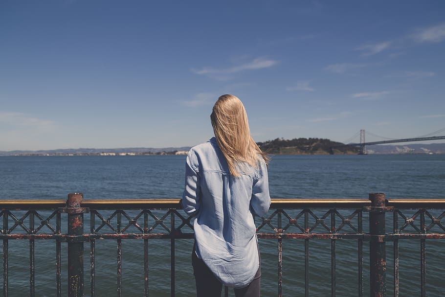 nature, water, sky, clouds, people, woman, denim, bridge, blue HD wallpaper