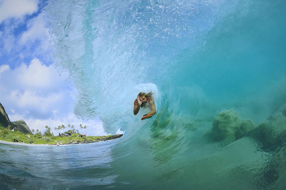 person surfing inside wave, sea, nature, ocean, outdoors, water HD wallpaper
