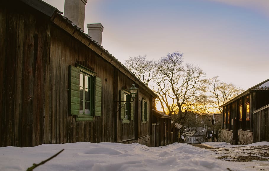 old town, winter, sunset, architecture, city, building, snow, HD wallpaper