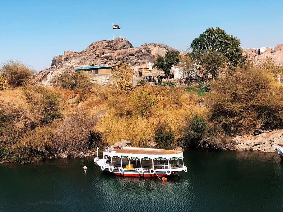 egypt, aswan, view, tree, boat, nile, landscape, plant, water HD wallpaper