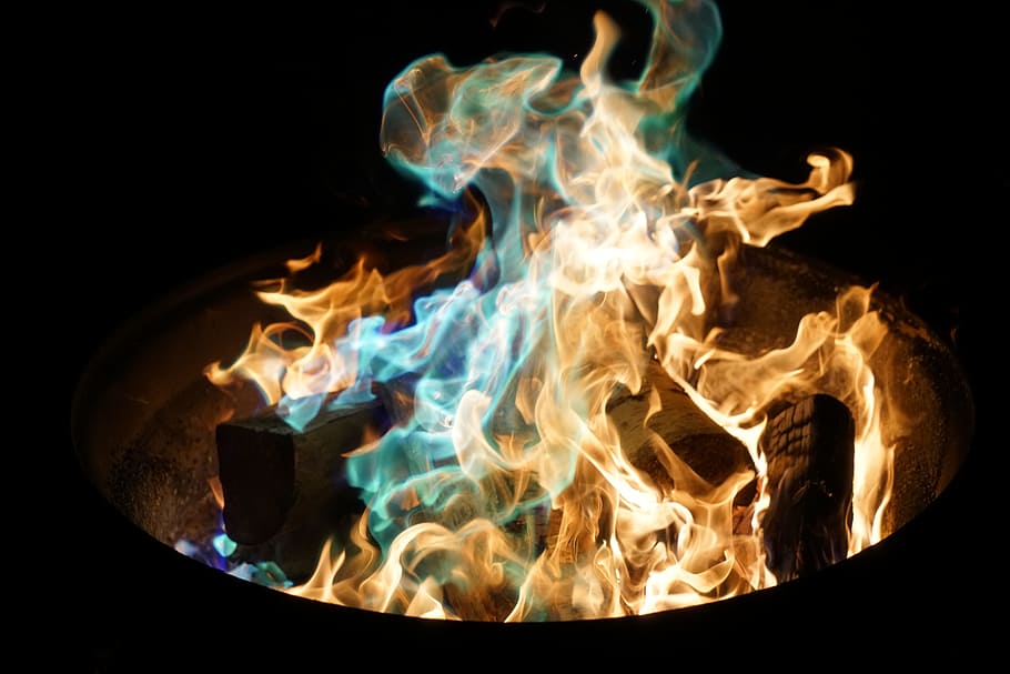 orange and blue flame on pile of wood, fire, burning, yellow HD wallpaper