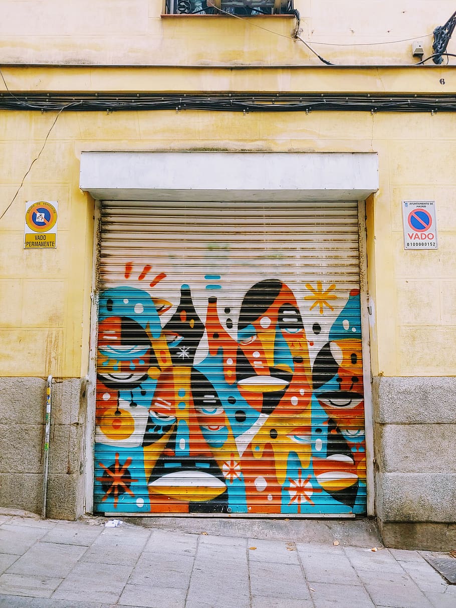 multicolored mural roll-up door, architecture, built structure HD wallpaper