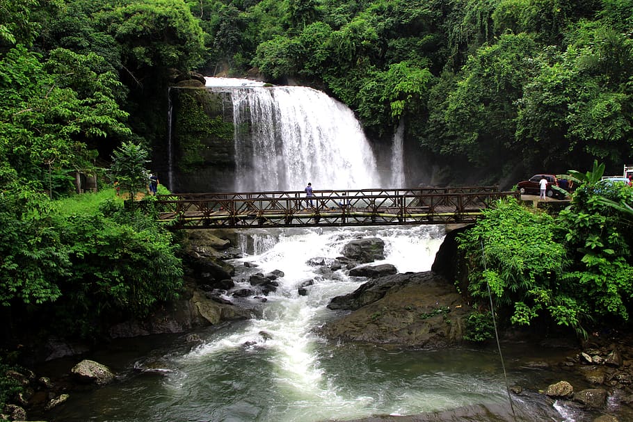 Person Standing on Bridge Near Waterfalls, beautiful, cascade HD wallpaper